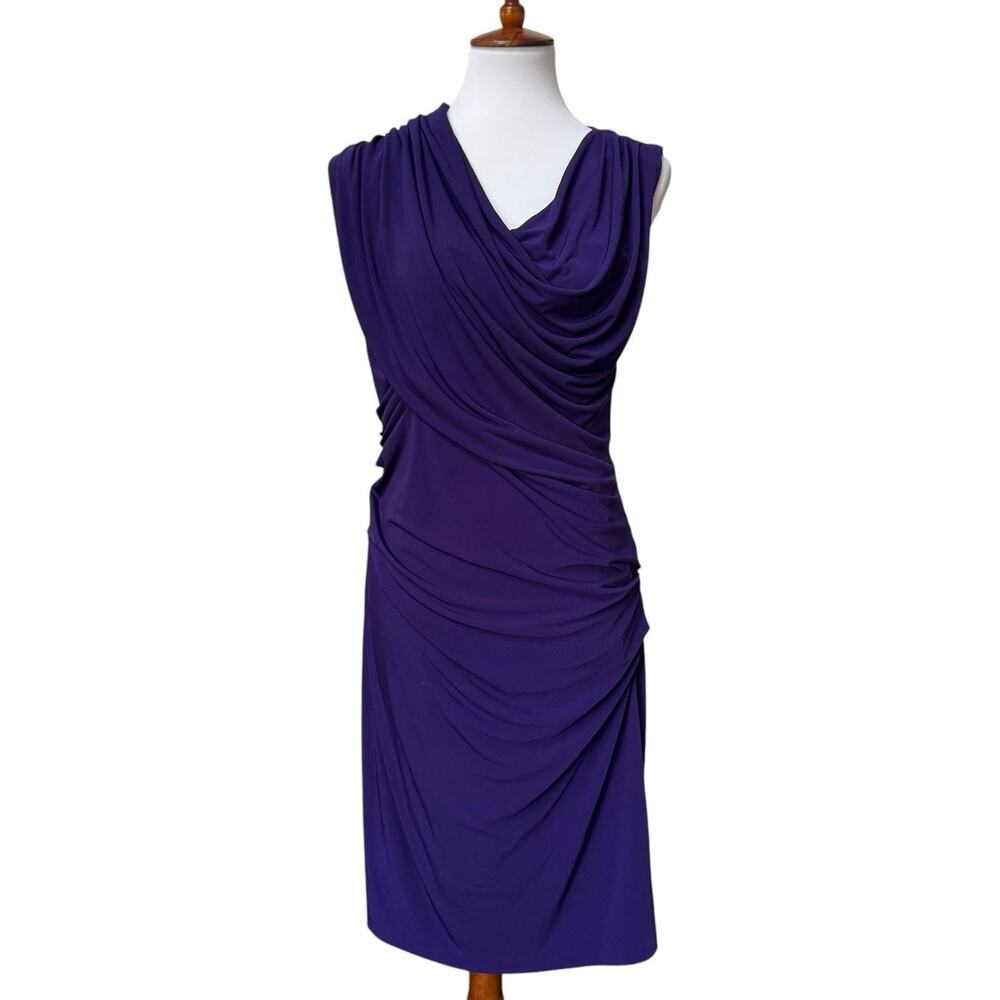 Suzi Chin Cowl Neck Ruched Sheath Lined Sleevless Midi Dress Purple Women's 14